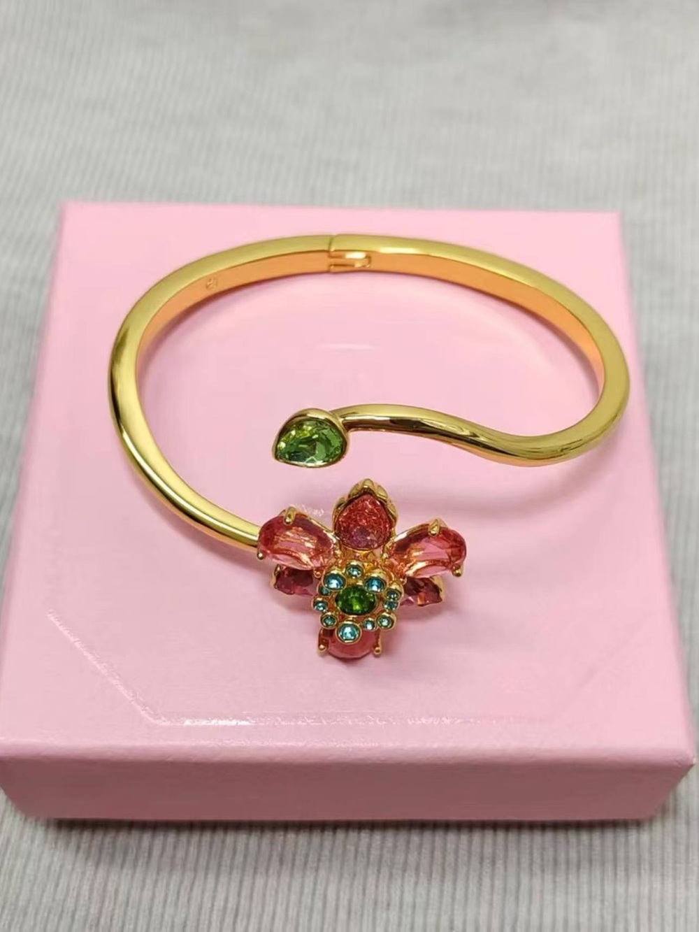 Swarovski Gold Pink & Green Floral Crystal Cuff Bracelet